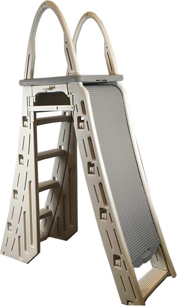 Confer Plastics 7200 Roll Guard 48" to 56" Adjustable A Frame Safety Ladder for Above Ground Outdoor Patio Swimming Pool Platform Ladder with Step Barrier, Warm Grey…