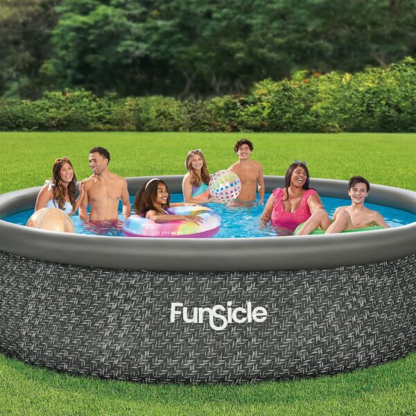 12 Foot by 36 Inch Quickset Round Inflatable Ring Top Outdoor Above Ground Swimming Pool Set with Pump and Cartridge Filter, Dark Herringbone - Image 4