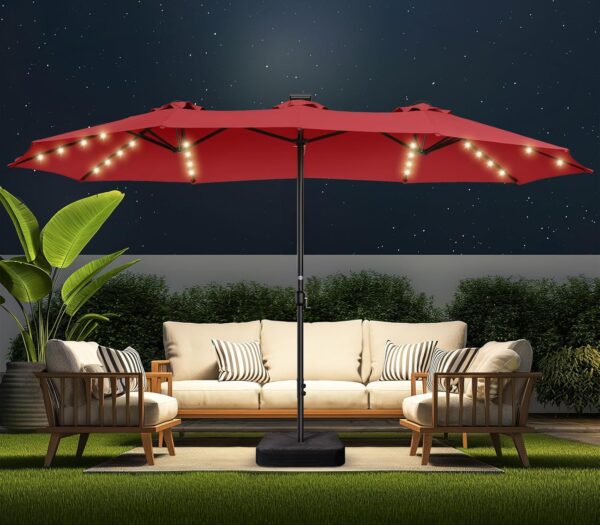 Double Sided Patio Umbrellas - 15ft Solar Lights LED Lighted Outdoor Extra Large Market Table Umbrella with Base Included, Oversized Umbrella for Deck, Pool, Backyard (Beige) - Image 4