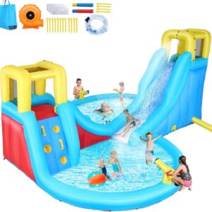Inflatable Water Slide, 6 in 1 Outdoor Inflatable Water Park with Climbing, Basketball Rim, Splash Pool, Water Cannon, Blow up Water Slides for Kids Backyard