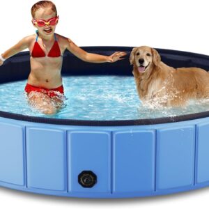 Foldable Dog Swimming Pool, 120"x20" Oversize Collapsable Hard Plastic Potable Bathing Tub for Pet Dog Kiddie Pool Indoor and Outdoor Leakproof PVC Play Pool for Large Dogs Pets Puppy Kids Blue