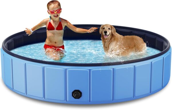 Foldable Dog Swimming Pool, 120"x20" Oversize Collapsable Hard Plastic Potable Bathing Tub for Pet Dog Kiddie Pool Indoor and Outdoor Leakproof PVC Play Pool for Large Dogs Pets Puppy Kids Blue