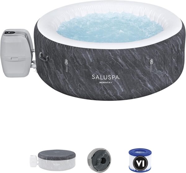 SaluSpa Fiji AirJet Large Round 2 to 4 Person Inflatable Hot Tub Portable Outdoor Spa with 120 AirJets and EnergySense Cover, Grey