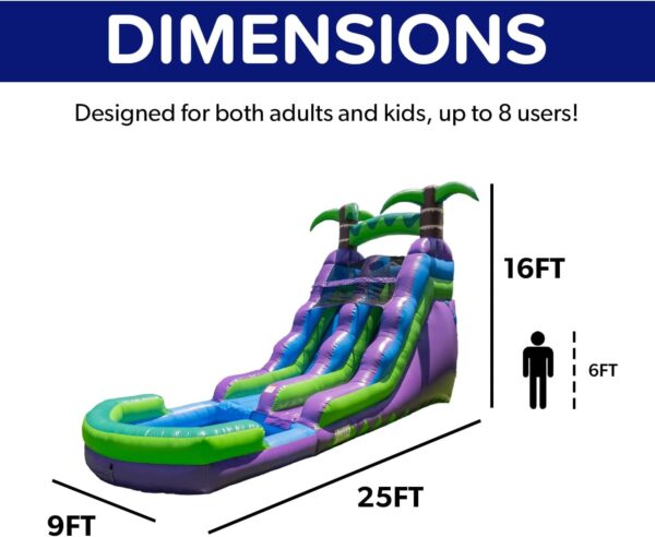 16' Purple Tropical Lightweight Premium Commercial Grade Water Slide Inflatable with Attached Pool for Kids and Adults (with Blower), Wet Dry Use, Summer Fun - Image 3