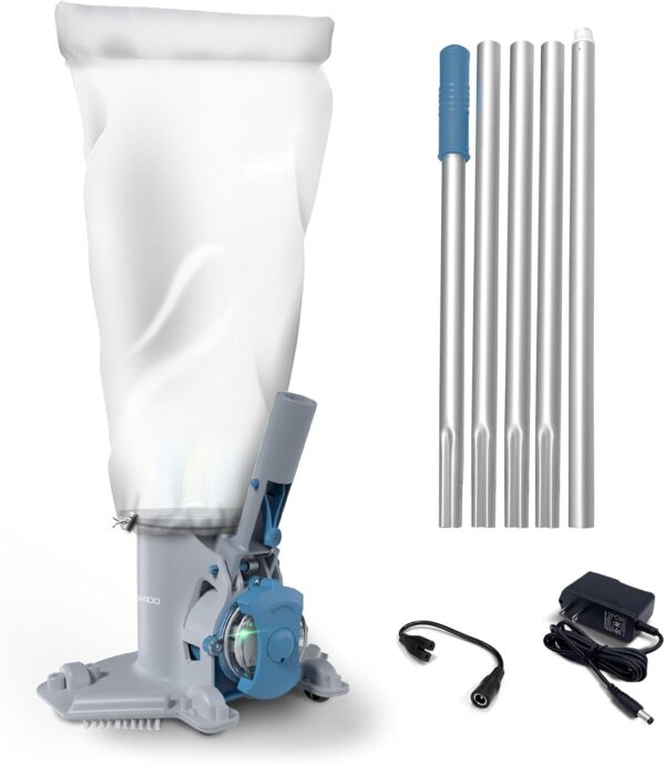 Rechargeable Cordless Pool Leaf Vacuum, 30GPM Strong Suction, 75 min Runtime, XL Heavy Duty Filter Bag, Leaves and Debris Removal, for Above Ground Pool and Inground Pools XV410