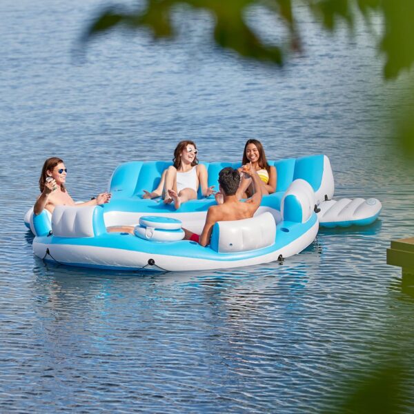 145 x 125 x 20 Inch Splash N Chill Inflatable Lake and Pool Relaxation Island Lounger Seat for up to 7 Adults, Blue and White - Image 2