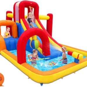 Inflatable Water Slide, 10 in 1 Water Park Bounce House with Blower, Splash Pool, 2 Slides, Water Cannon, Climbing Wall, Blow up Water Slides for Kids Outdoor Backyard