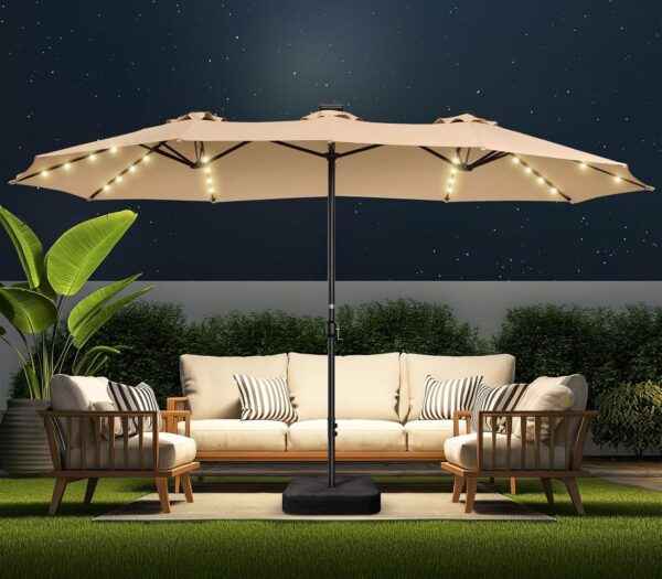 Double Sided Patio Umbrellas - 15ft Solar Lights LED Lighted Outdoor Extra Large Market Table Umbrella with Base Included, Oversized Umbrella for Deck, Pool, Backyard (Beige) - Image 7