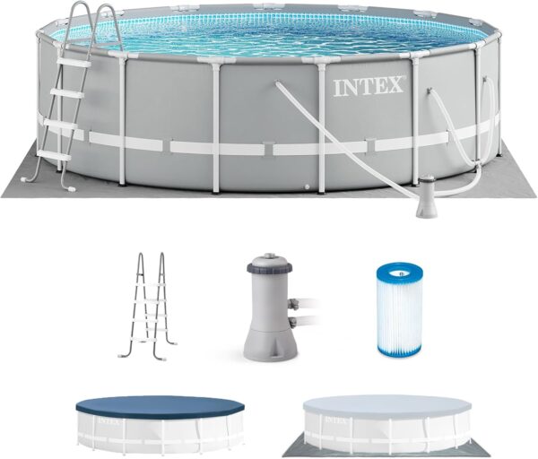 Above Ground Swimming Pool w/ Pump, Cover, & Ladder, 18' x 48", Prism Frame, Gray - Outdoor Round Family Pool w/ Filter, 42-Inch Deep Water - Image 2