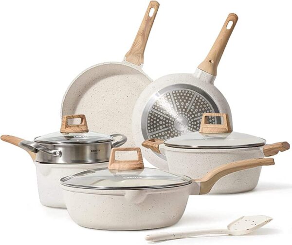 CAROTE Pots and Pans Set Nonstick, White Granite Induction Kitchen Cookware Sets, 10 Pcs Non Stick Cooking Set w/Frying Pans   Saucepans - Image 7