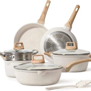CAROTE Pots and Pans Set Nonstick, White Granite Induction Kitchen Cookware Sets, 10 Pcs Non Stick Cooking Set w/Frying Pans   Saucepans