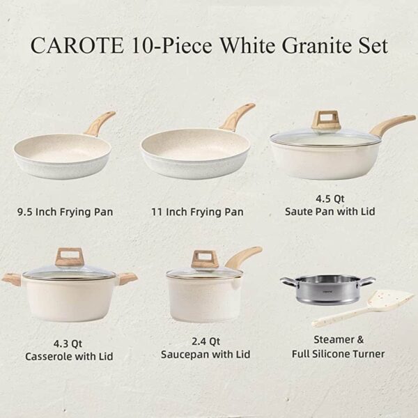CAROTE Pots and Pans Set Nonstick, White Granite Induction Kitchen Cookware Sets, 10 Pcs Non Stick Cooking Set w/Frying Pans   Saucepans - Image 12