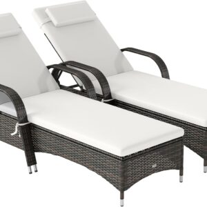 Outdoor Chaise Lounge, 5-Level Adjustable Backrest PE Rattan Pool Lounge Chair with Wheels, Cushion & Headrest, Brown and Dark Blue