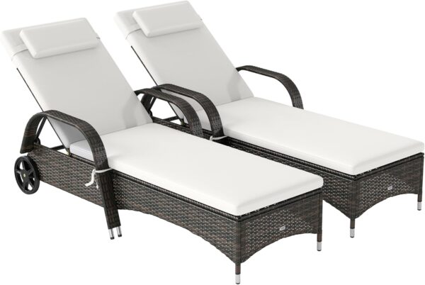 Outdoor Chaise Lounge, 5-Level Adjustable Backrest PE Rattan Pool Lounge Chair with Wheels, Cushion & Headrest, Brown and Dark Blue