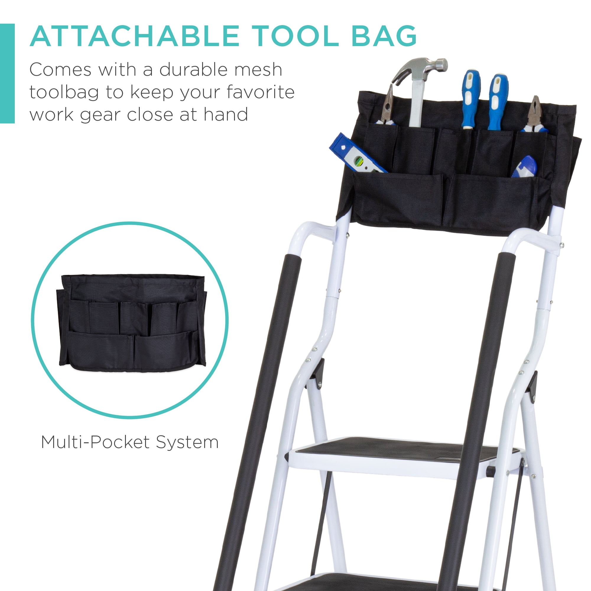Best Choice Products 4-Step Portable Folding Anti-Slip Steel Ladder w/ Handrails, Attachable Tool Bag - 3
