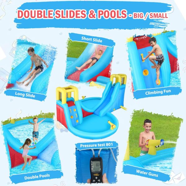 Inflatable Water Slide, 6 in 1 Outdoor Inflatable Water Park with Climbing, Basketball Rim, Splash Pool, Water Cannon, Blow up Water Slides for Kids Backyard - Image 3