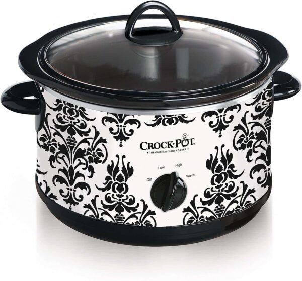 Crock Pot 4.5 Quart Manual Slow Cooker, Damask Pattern, White - Image 3