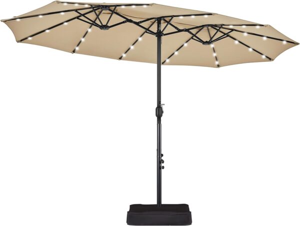 15 ft Large Patio Umbrella with Solar Lights Double-Sided Outdoor Rectangle Market Umbrellas with 36 LED Lights/Base Included/Easy Crank for Patio Garden Yard Pool Lawn, Brown