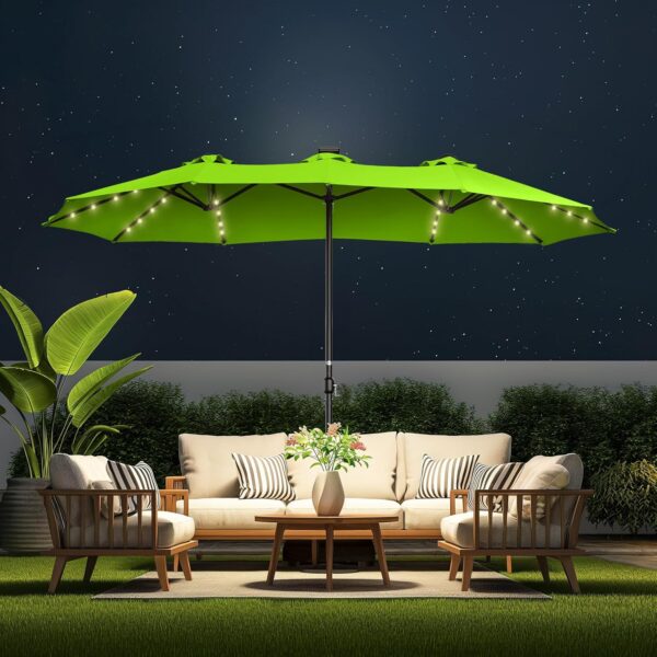 Double Sided Patio Umbrellas - 15ft Solar Lights LED Lighted Outdoor Extra Large Market Table Umbrella with Base Included, Oversized Umbrella for Deck, Pool, Backyard (Beige) - Image 3