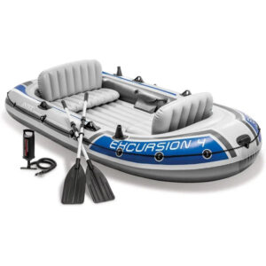 Excursion 4 Inflatable Rafting Fishing 4 Person Boat Set with Oars and Pump