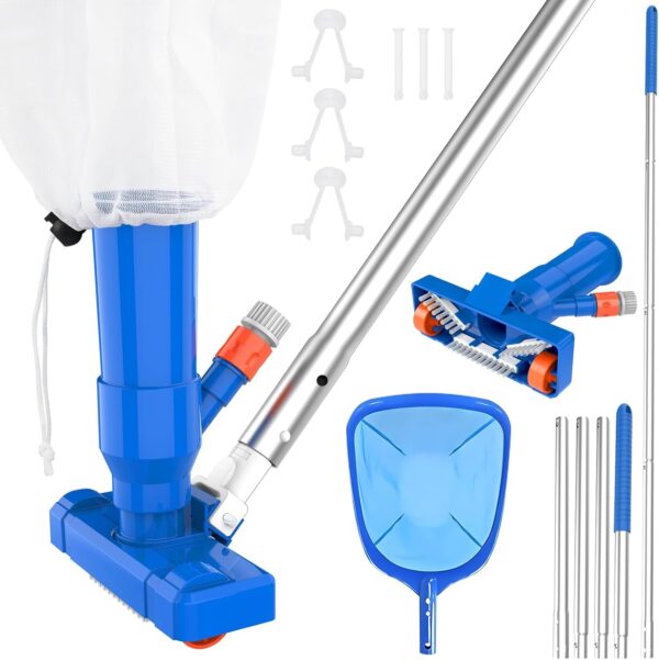 4 Section Poles of 68" Portable Pool Vacuum Cleaner Kit with Pool Skimmer Net, Unique Lock Catch Design,Handheld Pool Vacuum Jet Cleaner for Above Ground Pools Pool, Pond, Fountain Clean