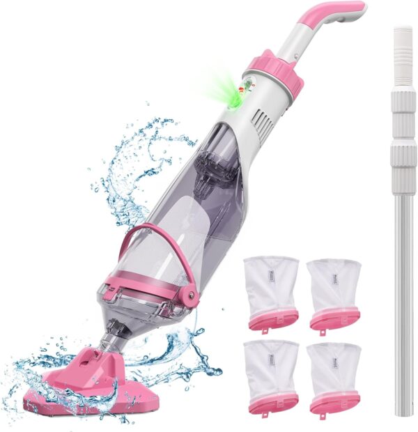 Pool Vacuum for Above Ground Pool with a Telescopic Pole, Running time up to 1H, Handheld Rechargeable Pool Cleaner with Powerful Suction up to 18.5 gallons/min, Ideal for Leaves, Debris