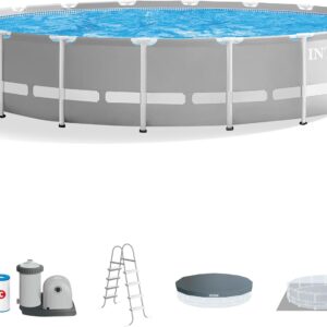 Above Ground Swimming Pool w/ Pump, Cover, & Ladder, 18' x 48", Prism Frame, Gray - Outdoor Round Family Pool w/ Filter, 42-Inch Deep Water