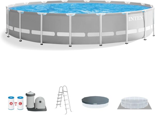Above Ground Swimming Pool w/ Pump, Cover, & Ladder, 18' x 48", Prism Frame, Gray - Outdoor Round Family Pool w/ Filter, 42-Inch Deep Water