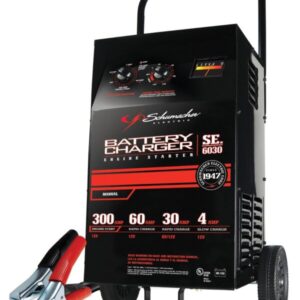 Schumacher Electric Wheeled Battery Charger and Engine Starter, SC1446, 2-in-1, manual timer control, 300 crank amps, 6 volts, 12 volts, for car, SUV, truck and Marine batteries