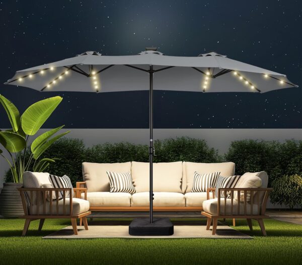 Double Sided Patio Umbrellas - 15ft Solar Lights LED Lighted Outdoor Extra Large Market Table Umbrella with Base Included, Oversized Umbrella for Deck, Pool, Backyard (Beige) - Image 6