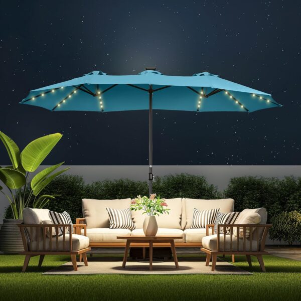Double Sided Patio Umbrellas - 15ft Solar Lights LED Lighted Outdoor Extra Large Market Table Umbrella with Base Included, Oversized Umbrella for Deck, Pool, Backyard (Beige) - Image 2