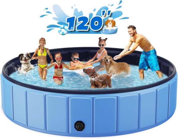 Foldable Dog Swimming Pool, 120"x20" Oversize Collapsable Hard Plastic Potable Bathing Tub for Pet Dog Kiddie Pool Indoor and Outdoor Leakproof PVC Play Pool for Large Dogs Pets Puppy Kids Blue - Image 2