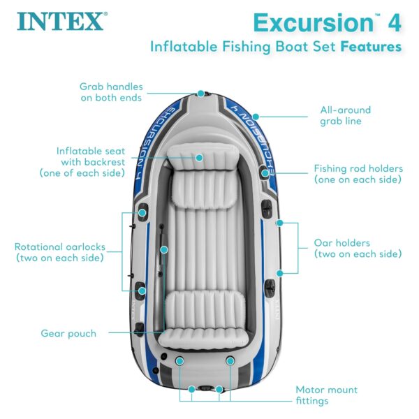 Excursion 4 Inflatable Rafting Fishing 4 Person Boat Set with Oars and Pump - Image 17